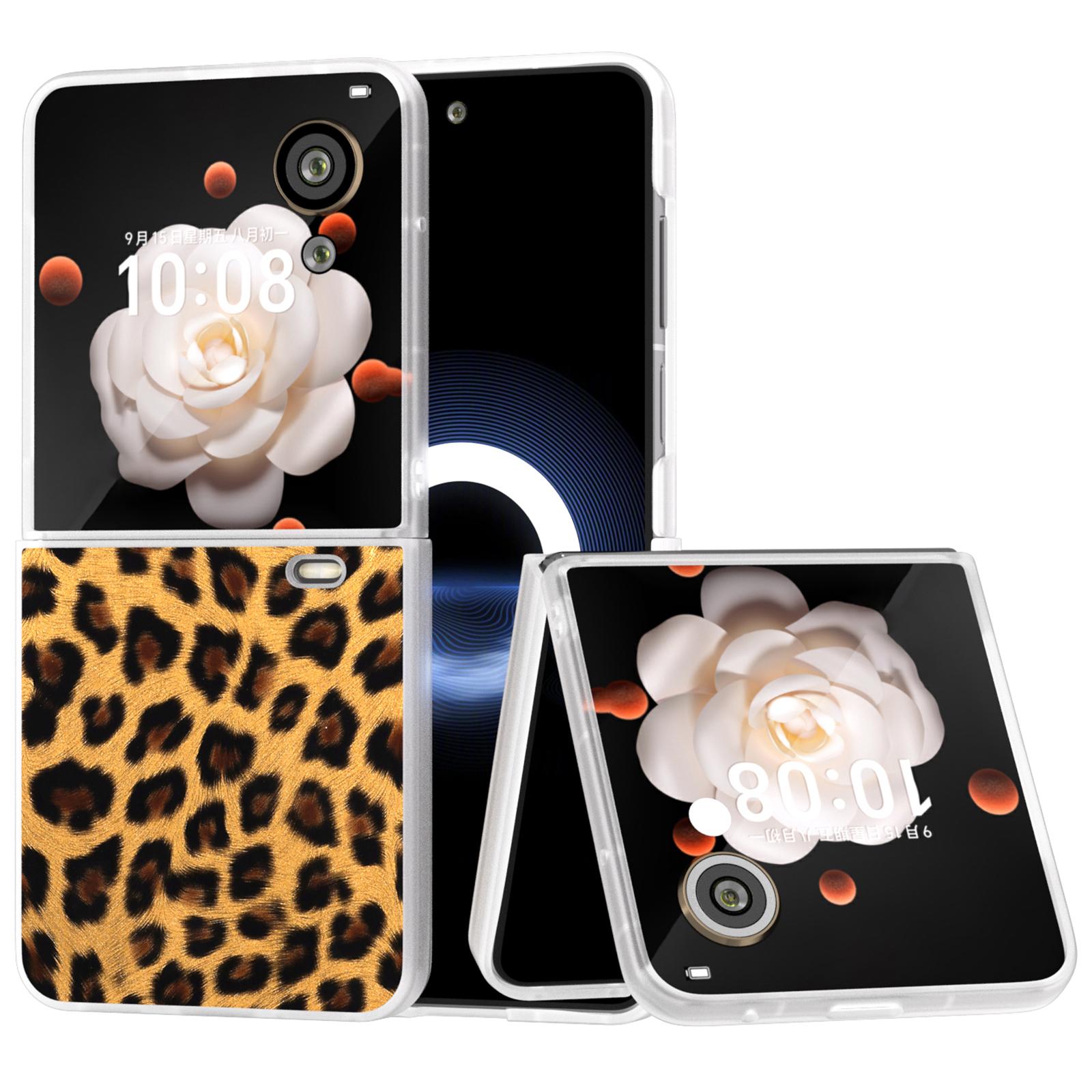 

For Honor Magic V Flip 5G Case Leopard Texture Leather+PC Phone Cover Matte Frame Gold