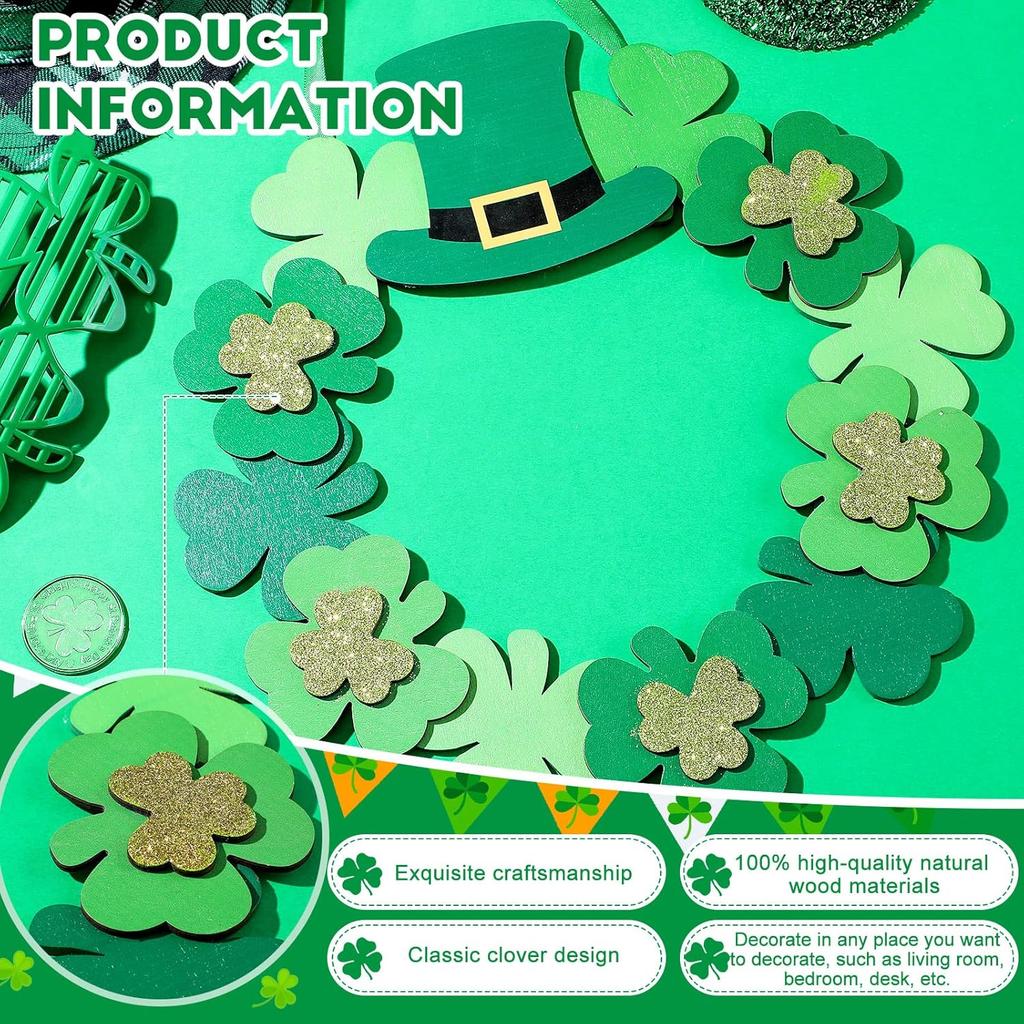 Yookeer St. Patrick's Day Shamrock Door Wreath Shamrocks Wooden Hanging Sign Lucky Irish Ornament Wood Wreath for Happy St. Patrick's Day Party Front