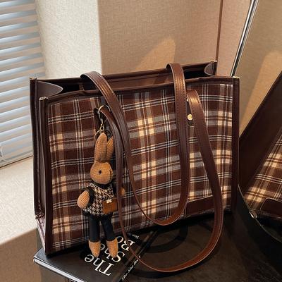 Premium Large-Capacity Plaid Bag Women'S Retro Versatile Handbag Commuter Shoulder Tote Bag