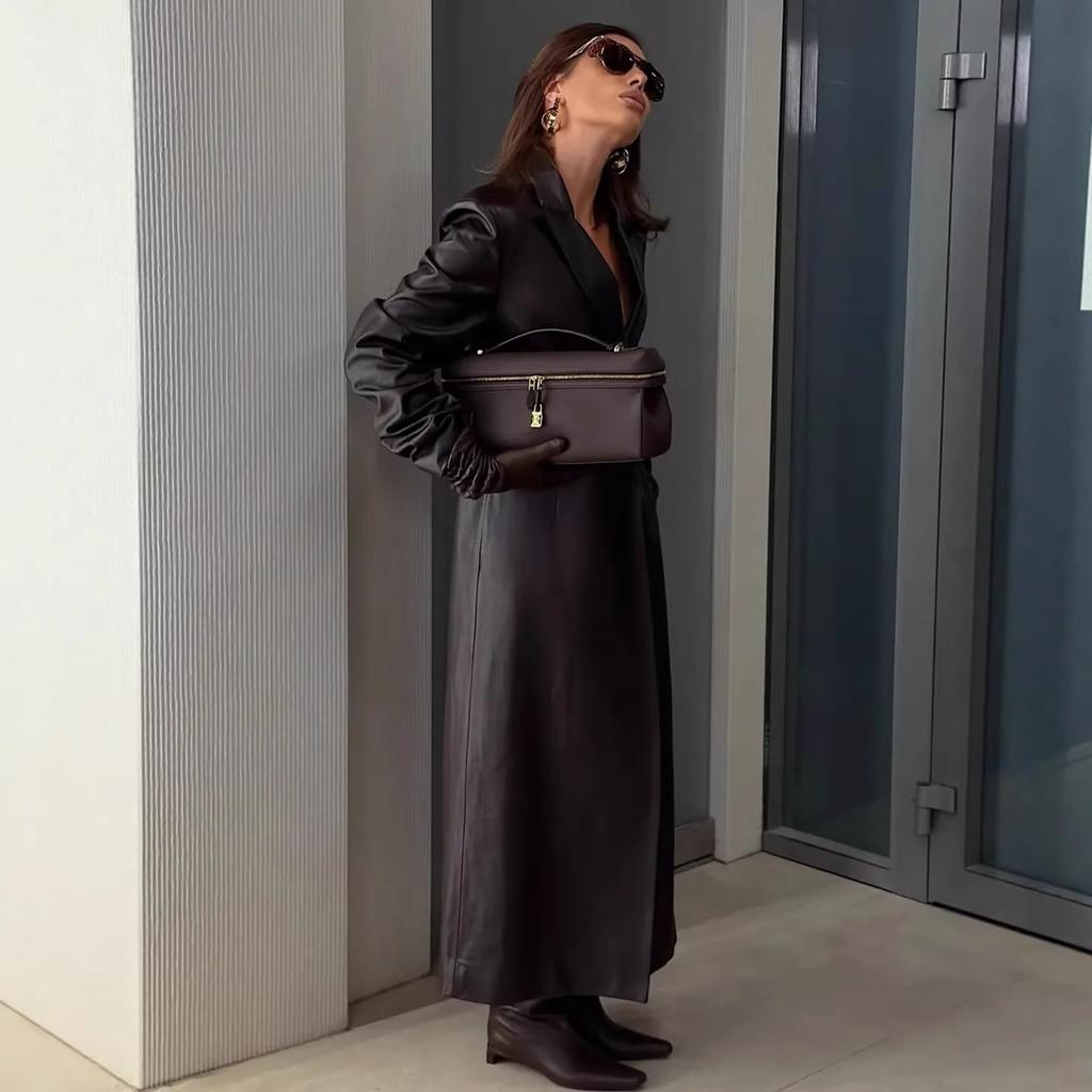 Europe, America, Amazon Cross-border Foreign Trade Medium and Long Leather Jacket Women's 2026 Casual New Knee Pu Leather Blazer