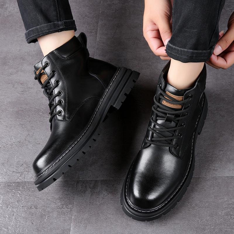 Rhubarb boots leather winter warm high-top locomotive thick-soled Martin boots men's big head tooling boots velvet men's leather boots