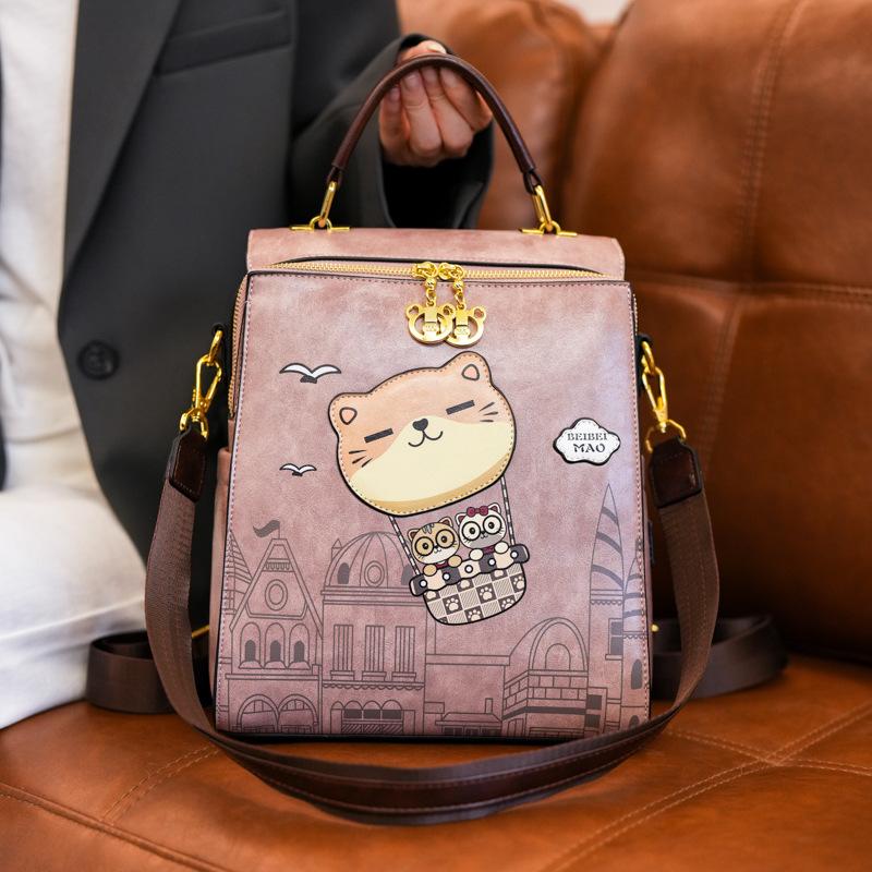 2026 New Premium Sense PU Women's Backpacks Versatile Casual Simple Large Capacity Lady Single Shoulder Bag Cute Cartoon Bear Outdoor Travel Rucksacks