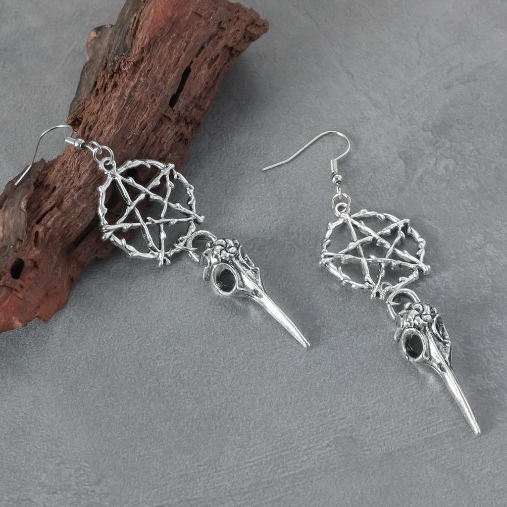Gothic Skull Crow Pentagram Earrings - Dark Halloween Jewelry