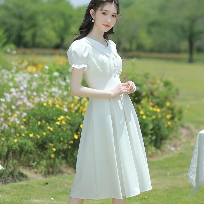White French Gentle First Love Skirt Slim Fit Dating Doll Collar Medium and Long Small Man Certificate Registration Small White Dress