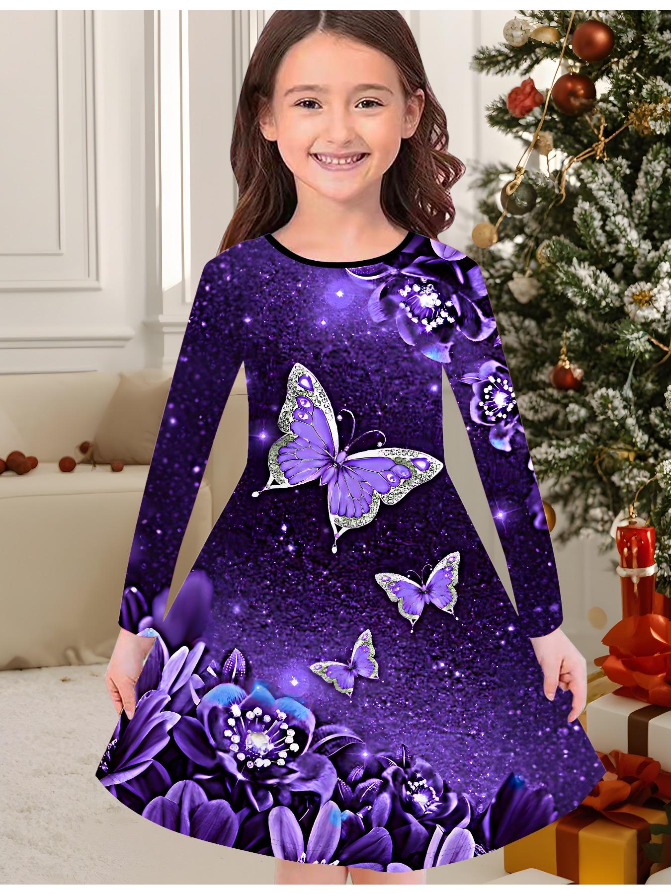 

Модна осіння та зимова сукня для дівчаток, з 3D принтом метеликів, з круглим вирізом, довга дитяча футболка-сукня, повсякденна, універсальна, різдвяний одяг 110 фіолетовий