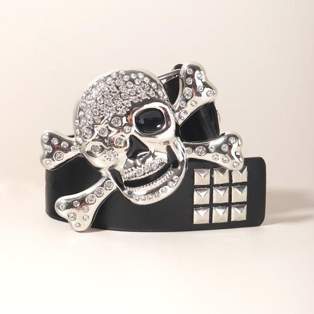 Rhinestone Black Rivet Belt Adjustable Skeleton Belt Skull Wide Waistband Trouser Decoration