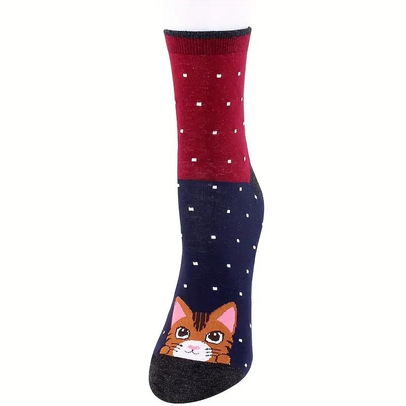 5 Paia di Calzini Carini da Donna con Cartoni Animati di Gatti e Cani. Calze di Natale. Calzini Originali. , Traspirante, Confortevole, Versatile ed Elastico. Un Regalo per Donne.
