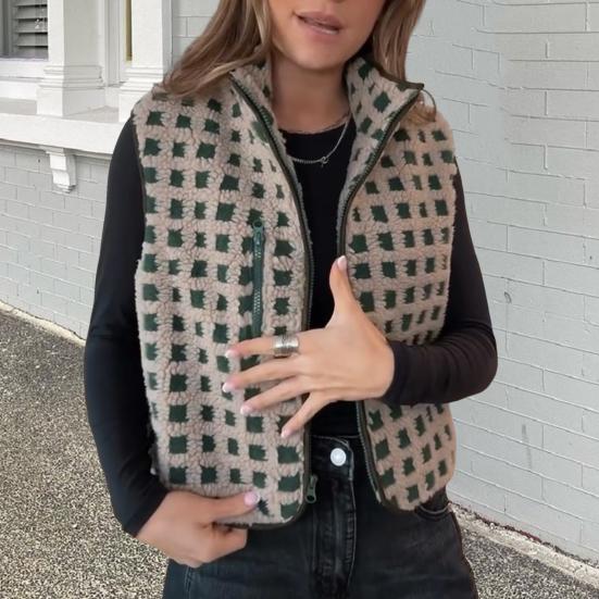Gilet Veste Femme Col Montant Couleur Contrastée Sans Manches Motif Carreaux Gilet Cardigan Fermeture Éclair Quotidien