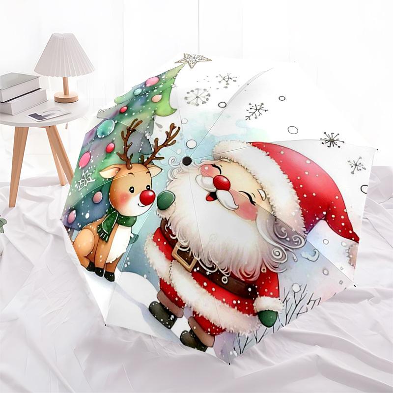 1pc Stained Glass Christmas Santa Scene Automatic Opening Umbrella, Portable 3-Fold Design with 8-Bone Iron Frame, Outdoor for Fans, Travelers, Daily
