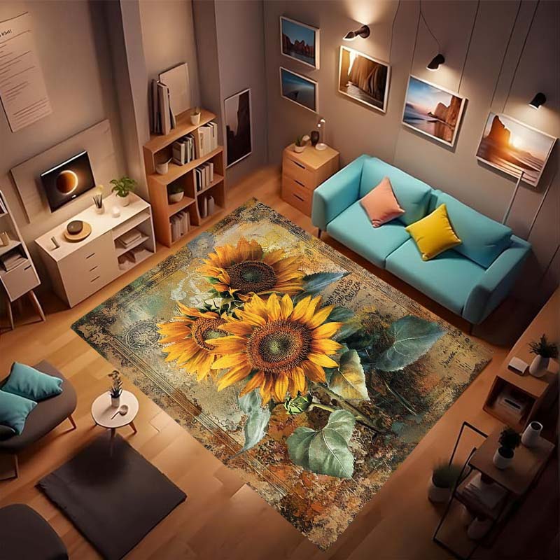 Customizable sunflower pattern non-slip rug, soft flannel, washable, non-slip backing, suitable for living rooms, bedrooms, bath
