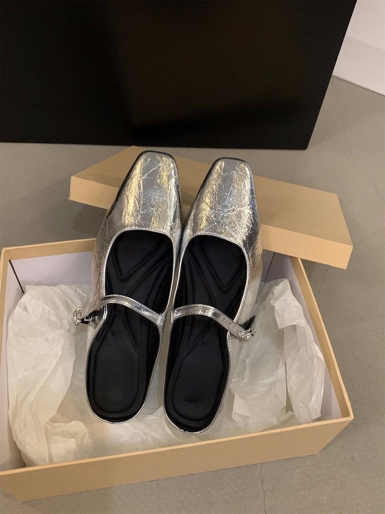Coarse Heel Silver Bag Head Half Slippers Women's Shoes Wear Mary Jane Half Single Shoes