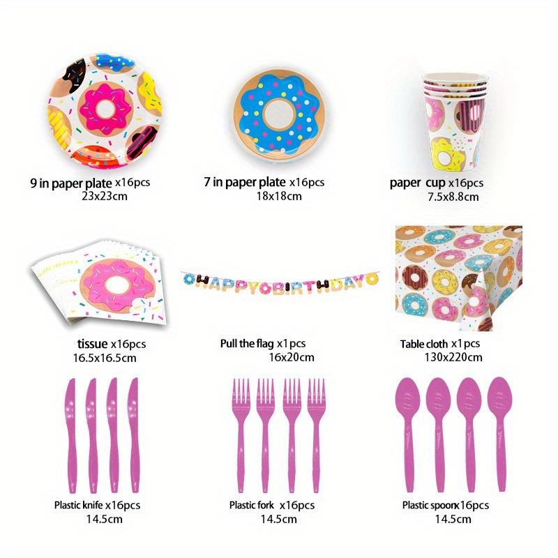 Donut Party Tableware Theme Disposable Paper Plate Set Children's Birthday Flag Tablecloth Party Decoration Supplies