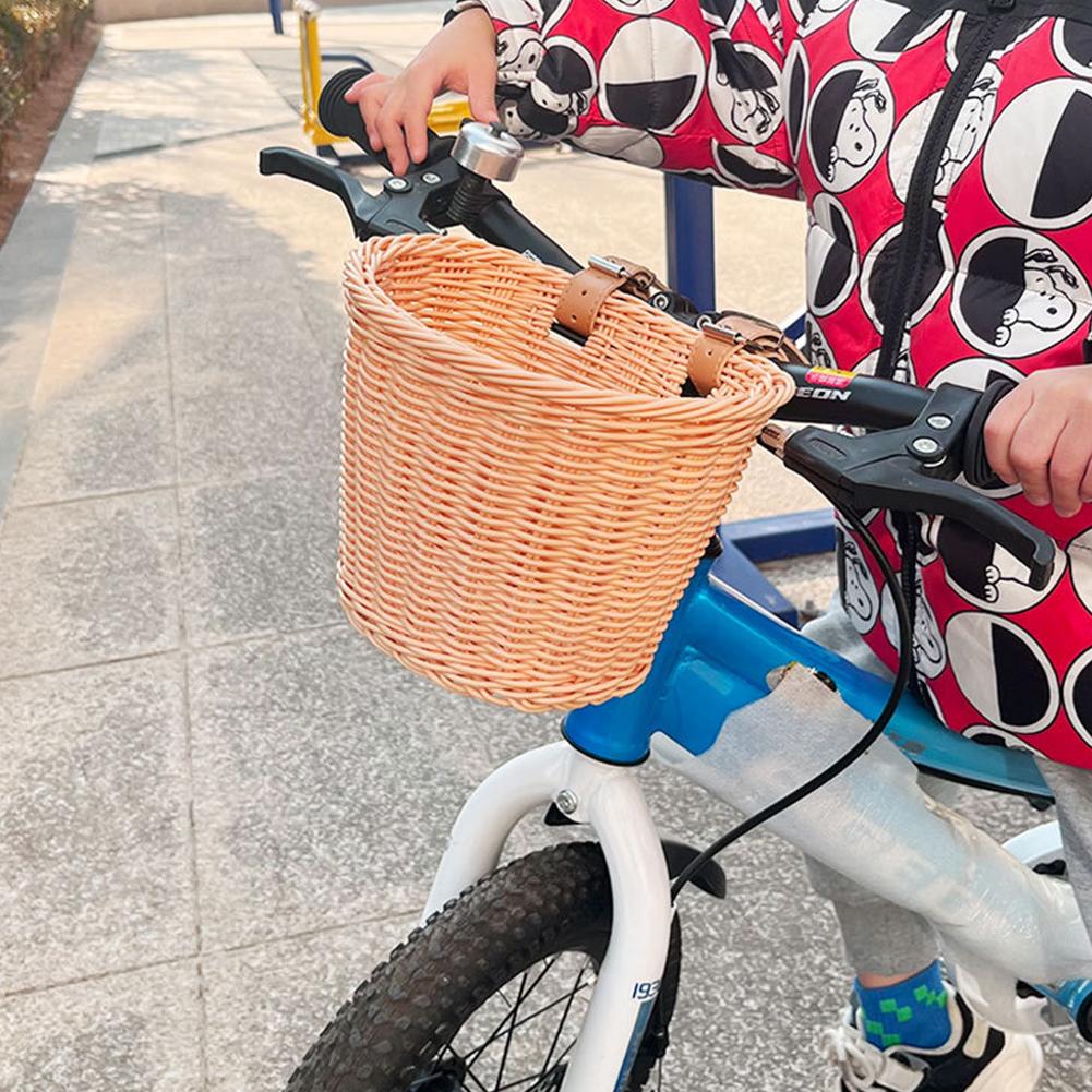 4pcs/Set PE Rattan Wicker Bicycle Front Storage Basket+Bell+Tassel +Sticker Kid Adult Adjustable Handwoven Bike Handlebar Basket