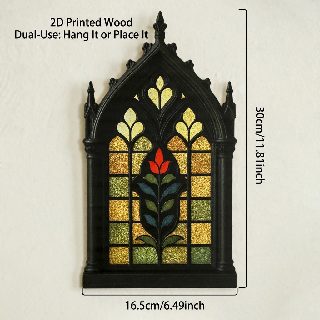 Gothic Church Window Style Desktop Decor Floral/Geometric Pattern Halloween Decoration Wooden Tabletop Ornaments for Home, Shelf
