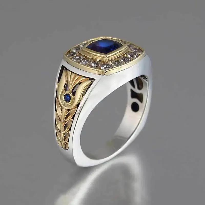 Classic Style Men's Ring for Engagement Noble Temperament Micro Paved Zirconia with Blue Stone Luxury Gift