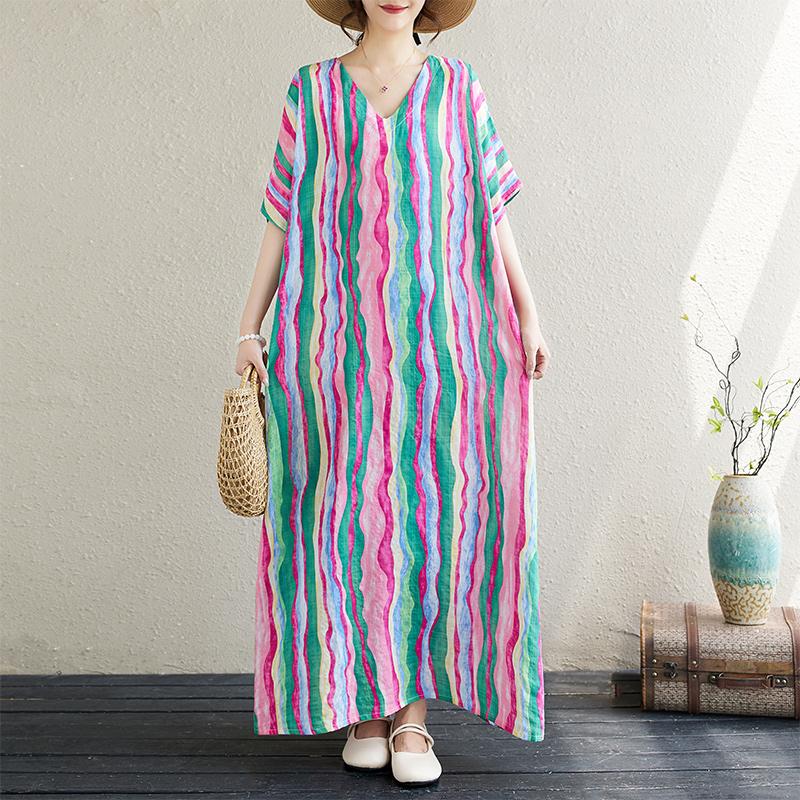 

Dimanaf 2024 Платье больших размеров, новое летнее полосатое базовое женское платье с v-образным вырезом, свободное винтажное длинное льняное платье с короткими рукавами One Size розовый