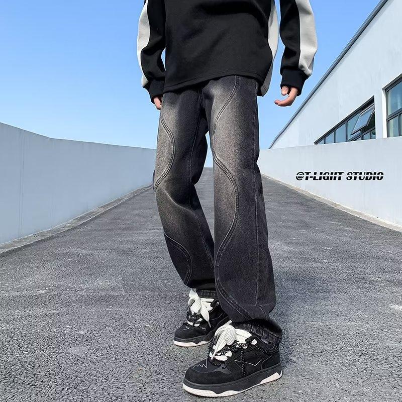 Guochao American Vibe Pants High Street Washed Old Black and Gray Jeans Men's Loose Straight Drape Wide-leg Pants