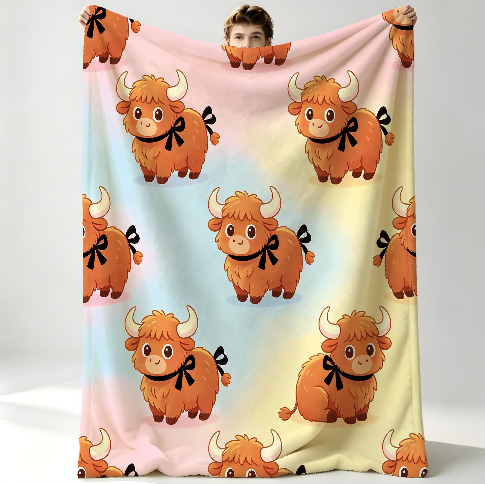Kawaii Hooglandkoe Print Deken, Zachte Warme Pluche Deken Voor Bank/Bed/Kantoor Dutje, Perfect Cadeau Voor Dierenvrienden 100x150cm