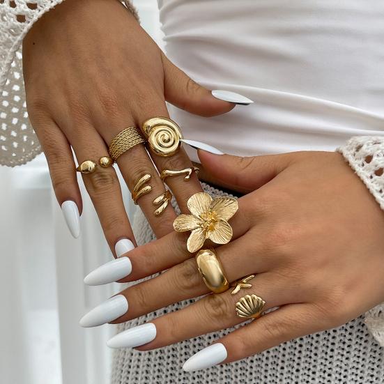 Ocean Theme Rings Set, Adjustable Stackable Finger Rings, Retro Distressed Bohemian Rings, for Beach Vacation Accessories