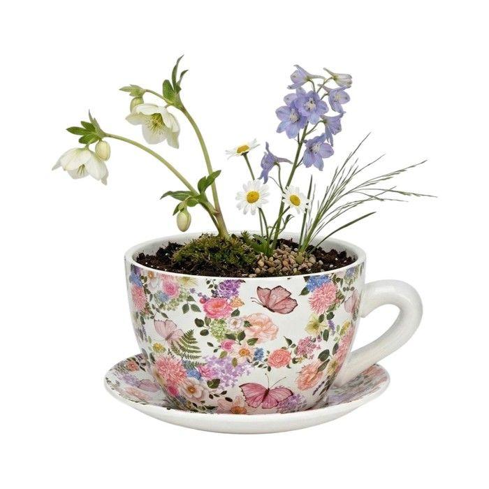 Cache-pot / tasse à plantes - EDEN - forme tasse - Céramique - Fleurs et papillons - 28x24x14 cm