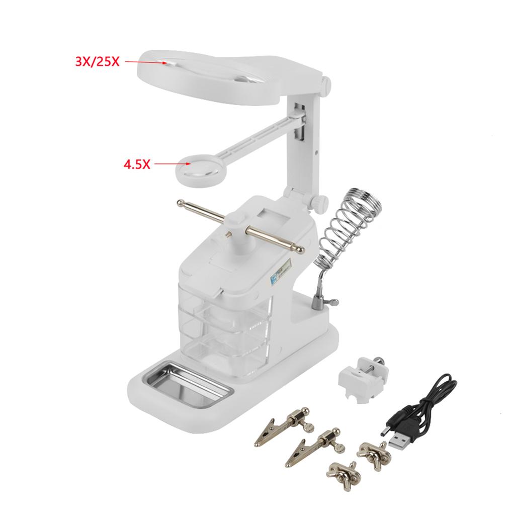 USB Electric Soldering Iron Workstation with 3X 4.5X 25X Loupe LED Lights Board Clips (White)