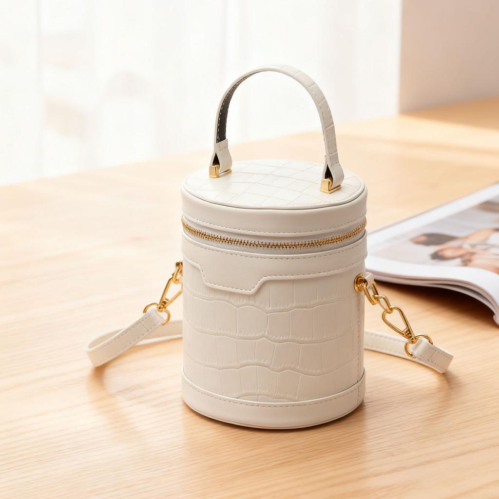 Modische Zylinder Handtasche Tote Damen PU Leder Verstellbar Elegant Umhängetasche für Tägliche Arbeit Weiß