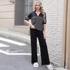 Color Block Knit Top & High-Waisted Wide-Leg Pants Two-Piece Set
