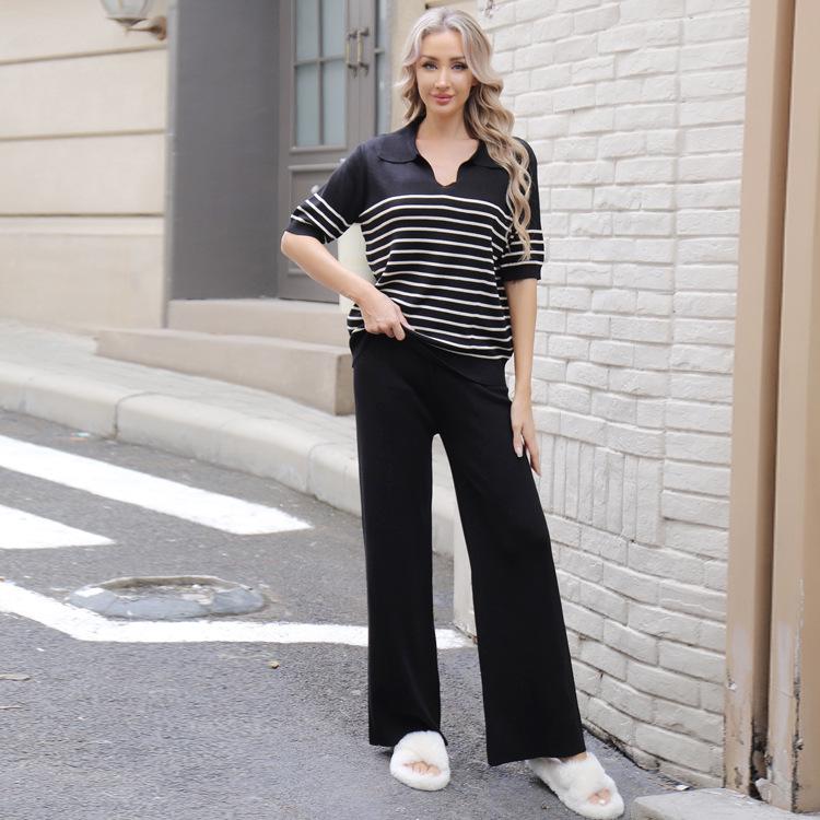 Color Block Knit Top & High-Waisted Wide-Leg Pants Two-Piece Set