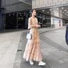 Women's V Neck Five Flutter Sleeve Ditsy Floral Print Chiffon Maxi Dress High Waist A Line Elegant Summer Long Dress