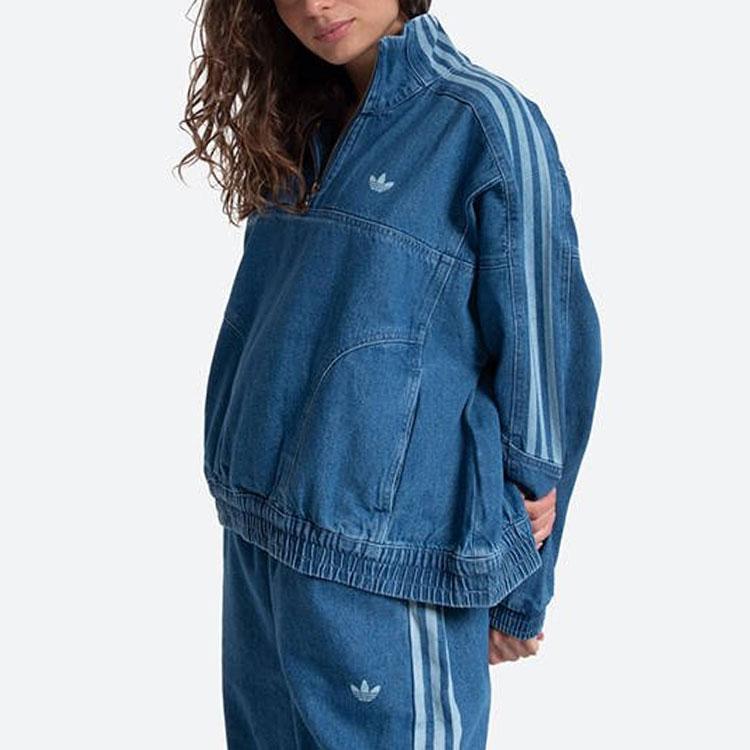 Women's Adidas Originals Denim Jackets Women's Blue Stand Collar Moderate Straight Fit