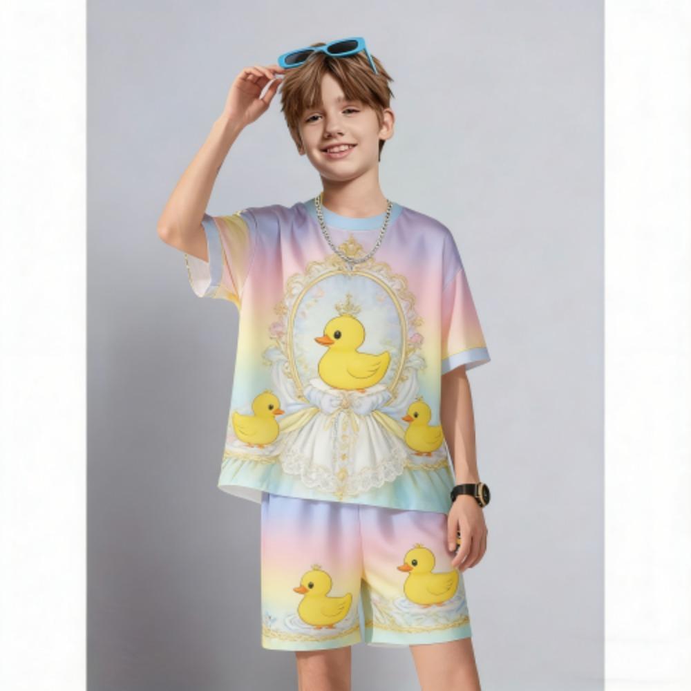 Kids Set Fun Cartoon Duck Printed Kids T-shirt and Shorts 2 Piece Set Summer Casual Outdoor Boys and Girls Outfit Kids Clothing