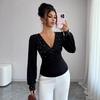 New V-neck Fashion Hand-stitched Pearl Solid Color Long-sleeved Slim T-shirt for Women In Autumn and Winter
