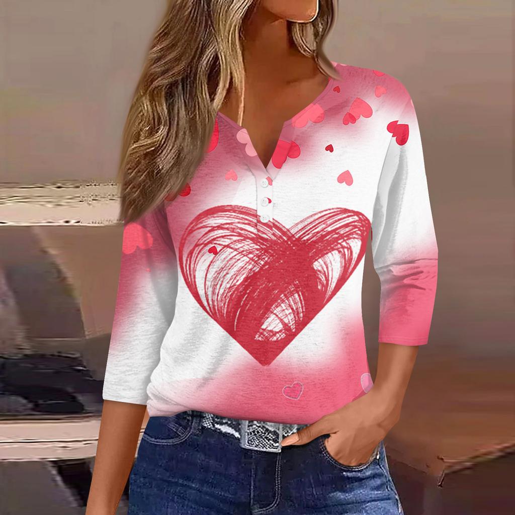 Camiseta feminina com estampa de botão, manga 3/4, moda diária de fim de semana, básica, decote em V, top regular