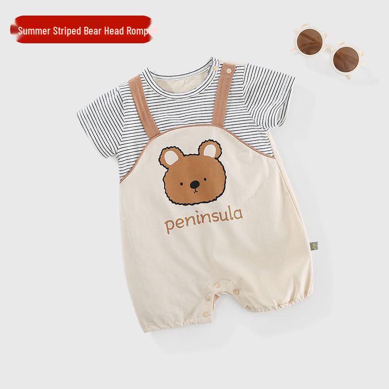 

2026 Baby Cotton Summer Short Sleeve Striped Bear Jumpsuit Size 66