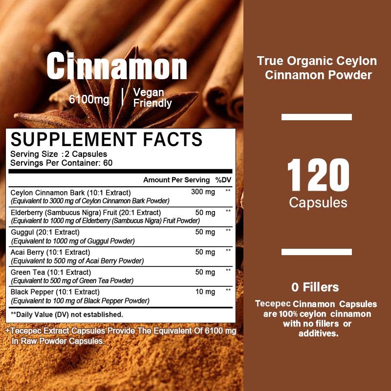 Ceylon Kaneel 3000 mg, Vlierbes 1000 mg, Guggul Hars 1000 mg, Acai Bes 500 mg, Groene Thee 120 capsules