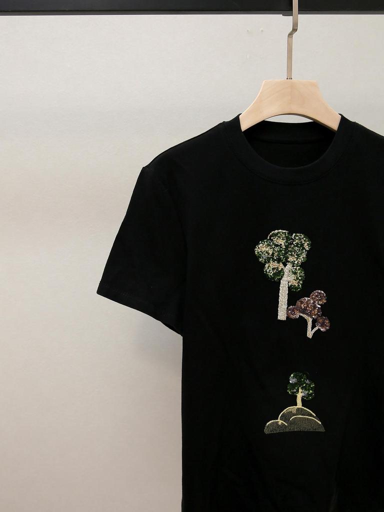 T-shirt da Donna Autunnale Ricamata Girocollo Manica Corta di Alta Gamma