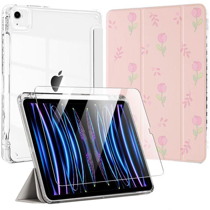 Coque + Verre Trempé - E.F.Connection - iPad Pro 11" - Protection Complète - Support Stylet - Fleur Pastel