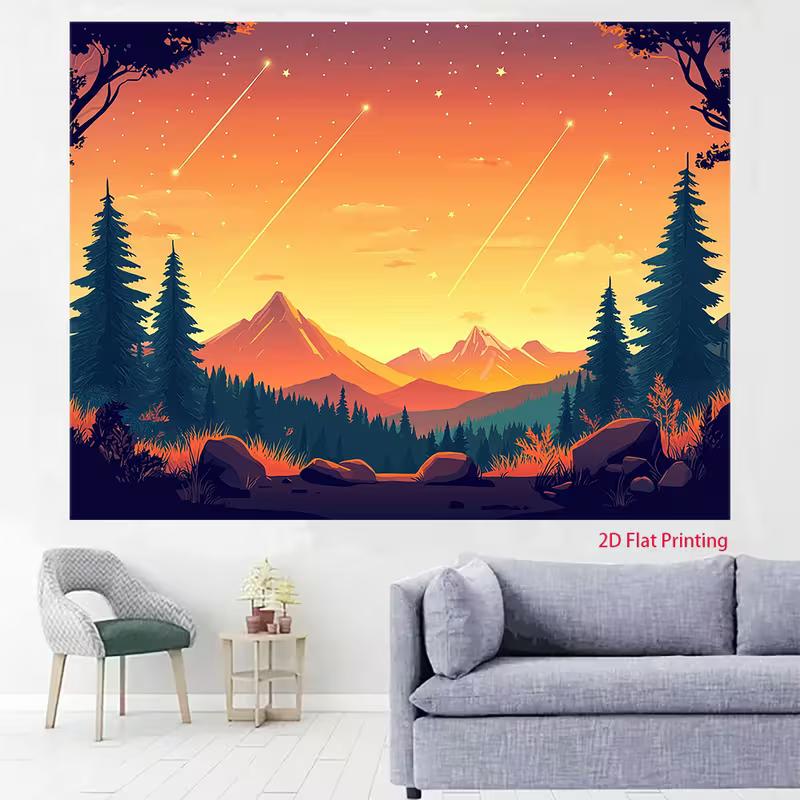 2D Starry Meteor Mountain Backdrop 2D Sunset Pine Forest Photo Background for Photography Decor