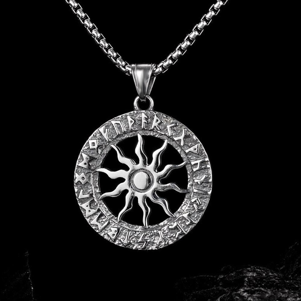 Vintage słońce bóg Apollo naszyjnik moda okrągły Nordic ze stali nierdzewnej Viking Rune naszyjnik mężczyźni biżuteria Amulet prezent