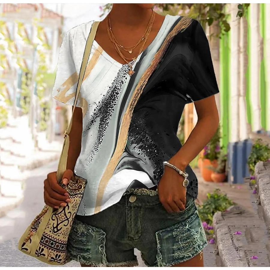 

Летние женские футболки с 3d цветовым градиентом и графическим принтом Fsahion, повседневные топы с короткими рукавами и v-образным вырезом, футболка большого размера, женская одежда 2XL