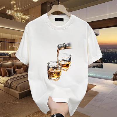Summer Round Neck Whiskey Pouring Printed Top Fashionable Casual Pure Cotton Short Sleeved Men's T-shirts