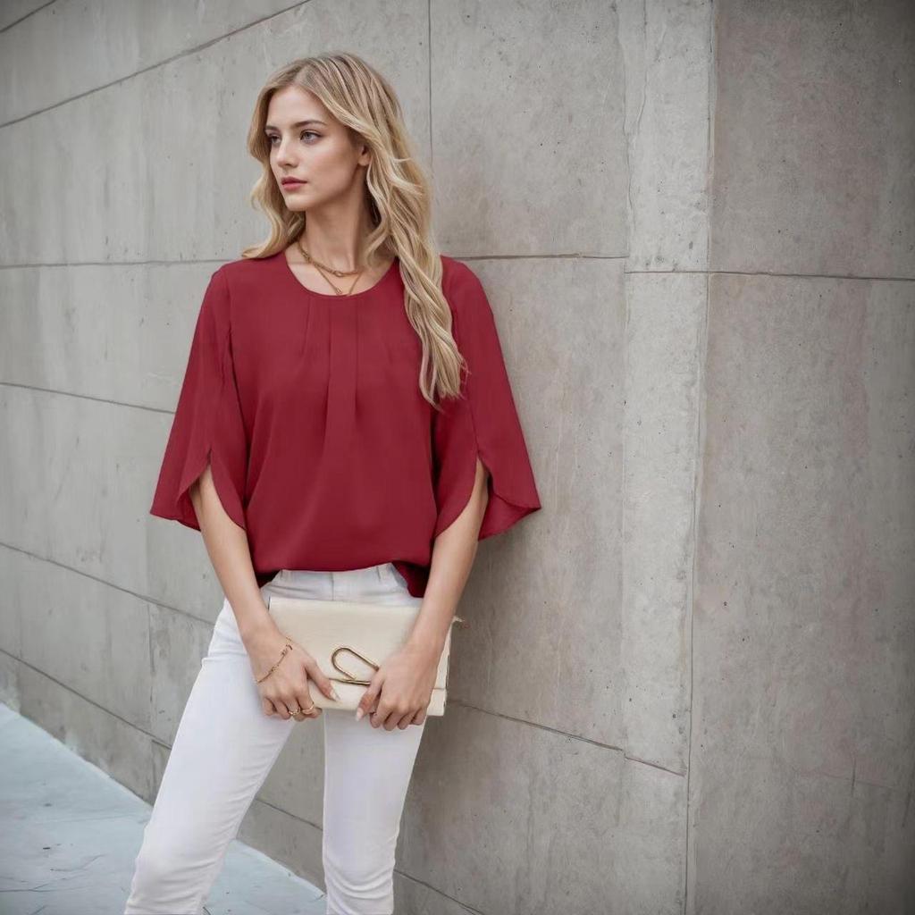 Blouse ample en mousseline de couleur unie à col rond et manches cinq points pour femme, style européen et américain