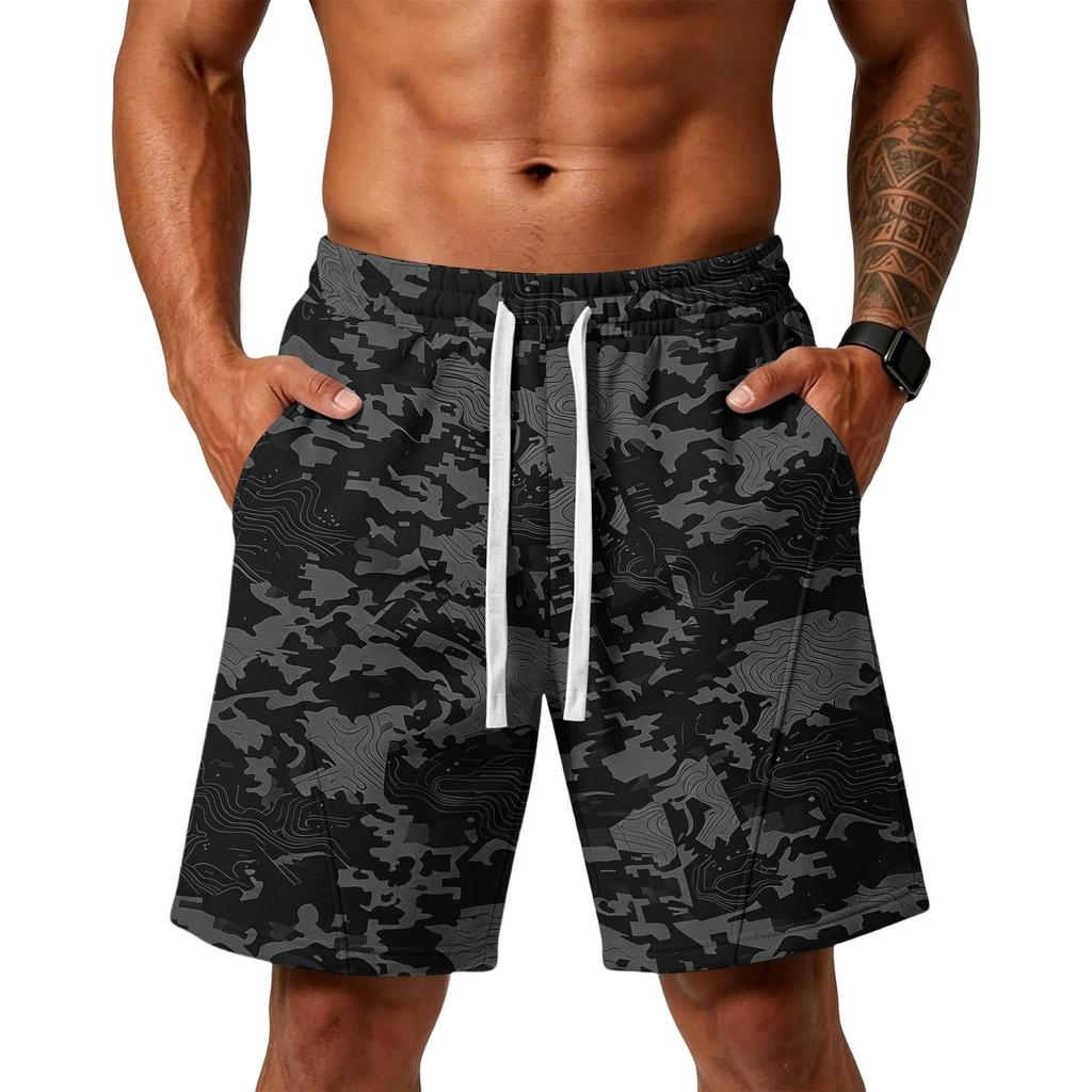 Herren lockere Camouflage-Print Sportshorts mit Taschen für Fitnessstudio Training Laufen Strandbekleidung Kordelzug Taille