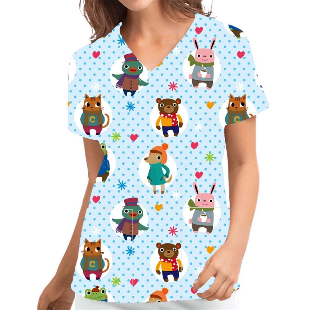 Surgical Uniforms Scrub Women Cats Prints V-Neck Pockets T Vet Uniform In Hospital Scrubs Nursing Uniform for Unisex
