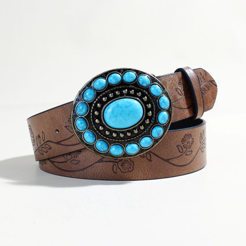 Cinturón Decorativo Étnico Retro Estilo Corte Bohemio con Relieve Patrón de Rosa Cinturón Ancho Mujer