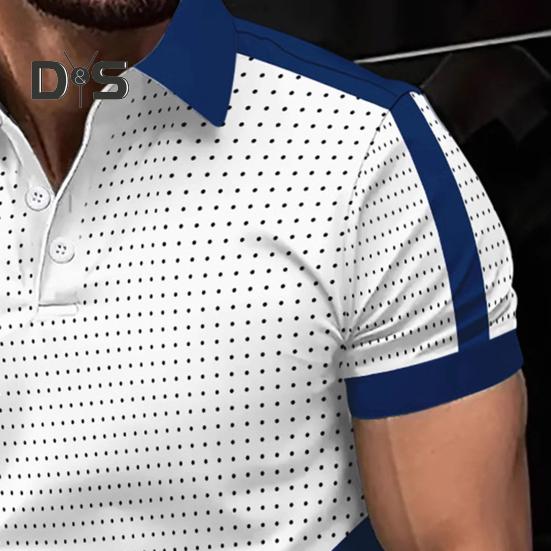 Men's Lapel T-Shirt Slim Fit Polka Dot Polyester Tee Shirt Color Block Summer Casual Short Sleeve Top for Daily Wear Sports Street