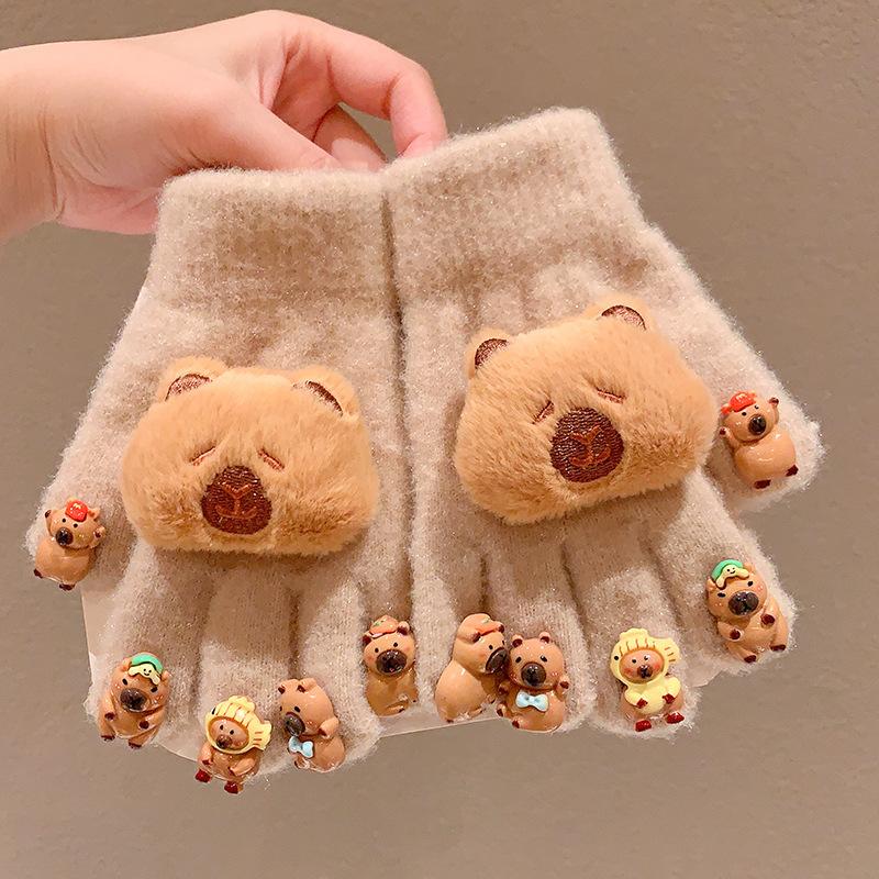 Adorable Winter Gloves for Women with Cute Capybara Decoration Comfortable Warm Fingered Ideal for Cycling Gift Choice