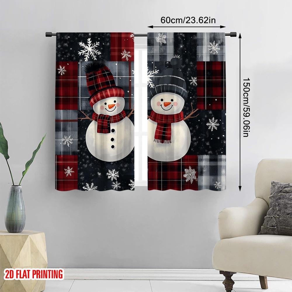 2pcs,2D plane printing Popular Curtains Buffalo Plaid Snowman Family (2) Polyester Fabric (without rod) Festive Perfect for
