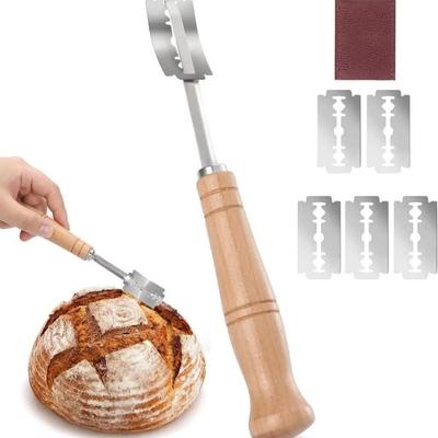 Curved Stainless Steel Bread Knife with Wooden Handle, Dough Divider & Baking Tool.