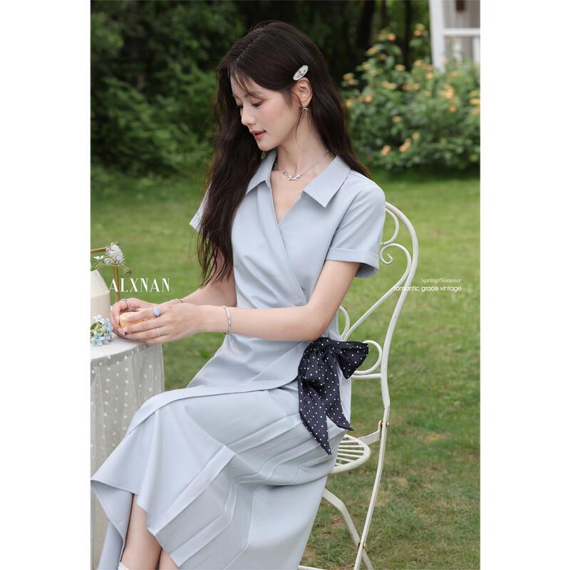 Women's French Style Blue Waist-Cinching Long Shirt Dress